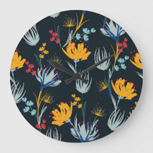 Contrast Floral Brush: Black Seamless Large Clock