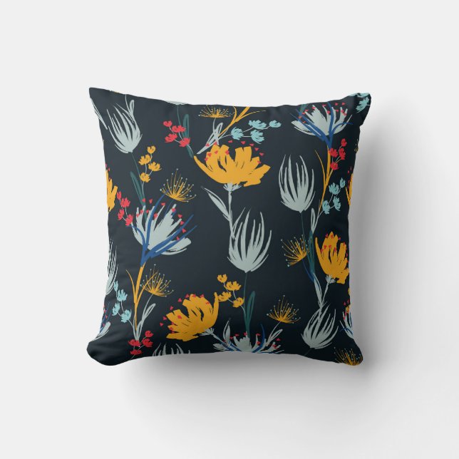 Contrast Floral Brush: Black Seamless Throw Pillow (Front)