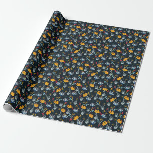 Contrast Floral Brush: Black Seamless Wrapping Paper