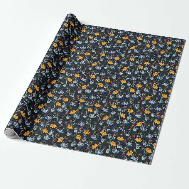 Contrast Floral Brush: Black Seamless Wrapping Paper (Unrolled)