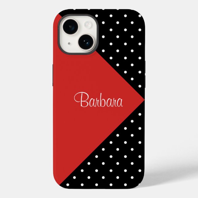 Contrasting Red Black Polka Dot Diagonal Name Case-Mate iPhone Case (Back)
