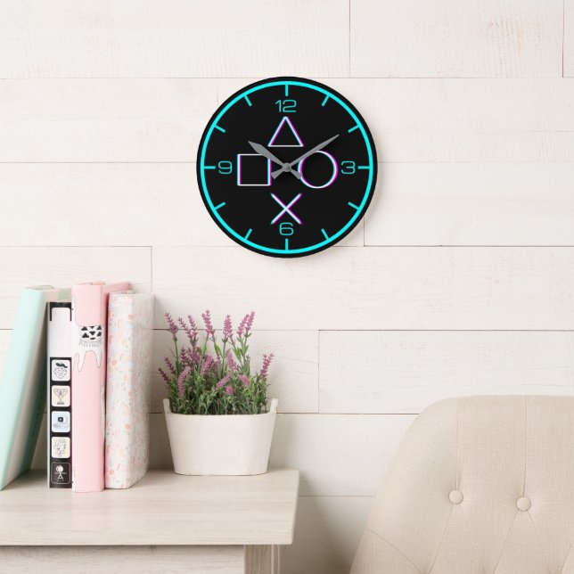 Controller Buttons Neon Glitch Art Gamer Large Clock (Reading Room)