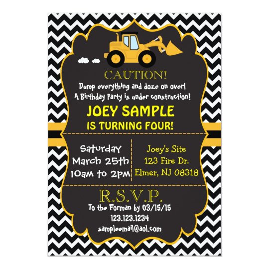 Contruction Bull Dozer Birthday Invitation