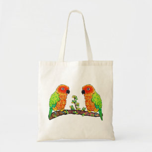 Conure parrot love on flower branch tote bag