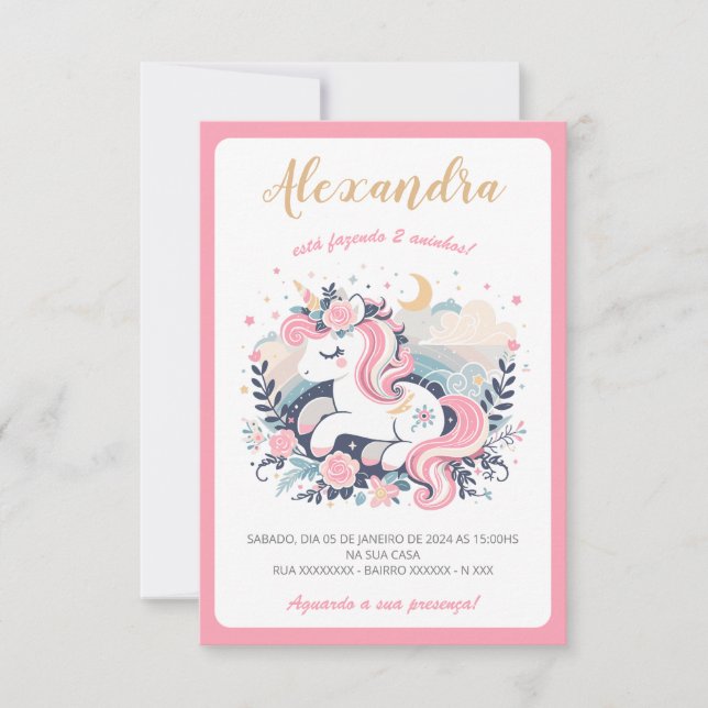 Convite Mágico Unicórnio Rosa em Português (Front)