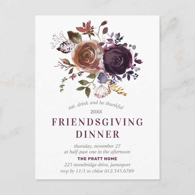 Convivial Boho Rustique Purple Floral Invitation (Devant)