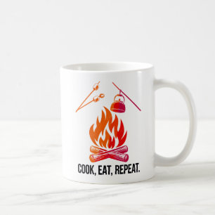 Cook Eat Repeat Funny Camping Fire Design Coffee Mug