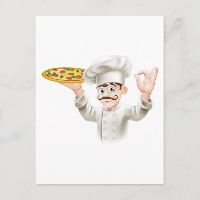 Cook holding a tasty pizza postcard (Front)