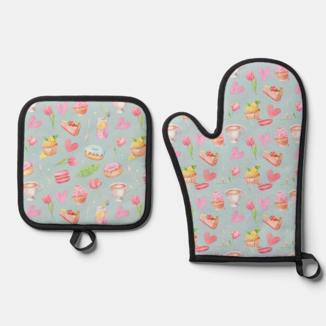 Cook with love. All-Over Print Apron Oven Mitt & Pot Holder Set (Front)