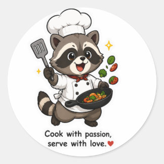 COOK WITH PASSION SERVE WITH LOVE CHEF RACCOON STI CLASSIC ROUND STICKER