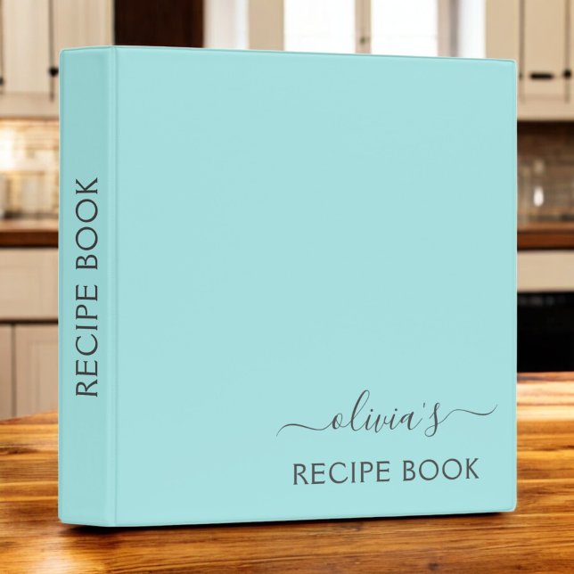 Cookbook Aqua Blue Teal Script Monogram Binder (Creator Uploaded)