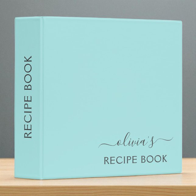 Cookbook Aqua Blue Teal Script Monogram Binder (Creator Uploaded)