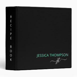 Cookbook Black Teal Simple Modern Monogram Name Binder