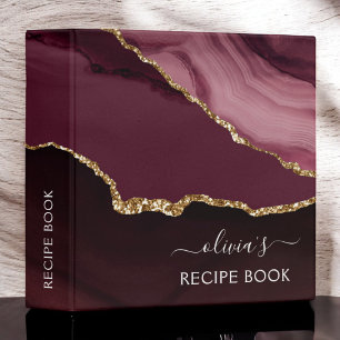 Cookbook Burgundy Agate Geode Gold Monogram Binder