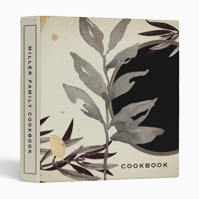 Cookbook | Modern Zen Botanical Leaves | Black Binder (Front/Spine)