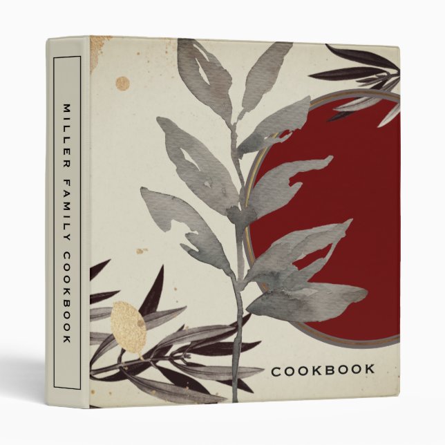 Cookbook | Modern Zen Watercolor Leaf | Burgundy Binder (Front/Spine)