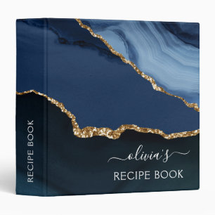 Cookbook Navy Blue Agate Geode Gold Monogram Binder