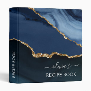 Cookbook Navy Blue Agate Geode Gold Monogram Binder