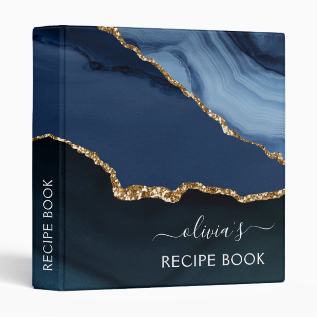 Cookbook Navy Blue Agate Geode Gold Monogram Binder (Front/Spine)