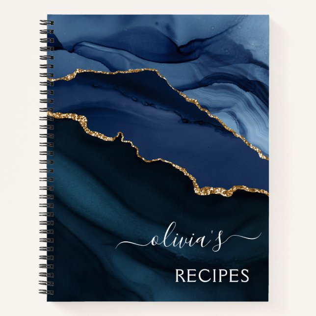 Cookbook Navy Blue Agate Geode Gold Monogram Notebook (Front)