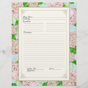Cookbook Page Pink Hydrangea Lace Floral Formal