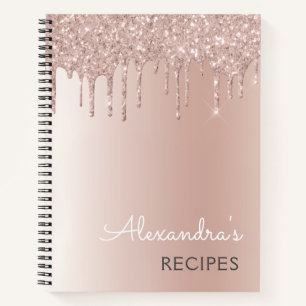Cookbook Recipe Book Rose Gold Glitter Monogram