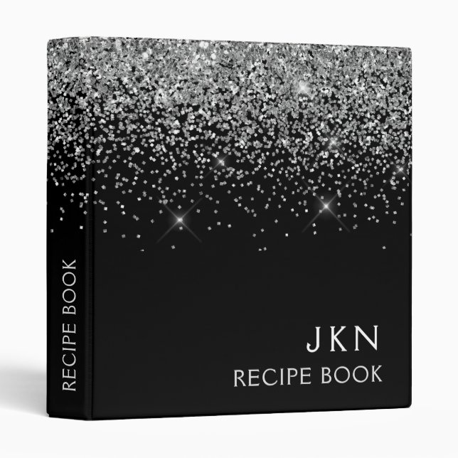 Cookbook Recipe Book Silver Black Glitter Monogram Binder (Front/Spine)