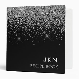 Cookbook Recipe Book Silver Black Glitter Monogram Binder