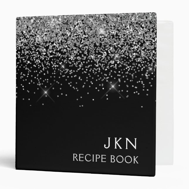 Cookbook Recipe Book Silver Black Glitter Monogram Binder (Front/Inside)