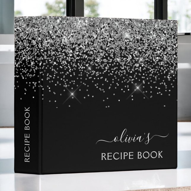 Cookbook Recipe Book Silver Black Glitter Monogram Binder (Creator Uploaded)