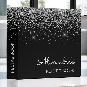 Cookbook Recipe Book Silver Black Glitter Monogram Binder