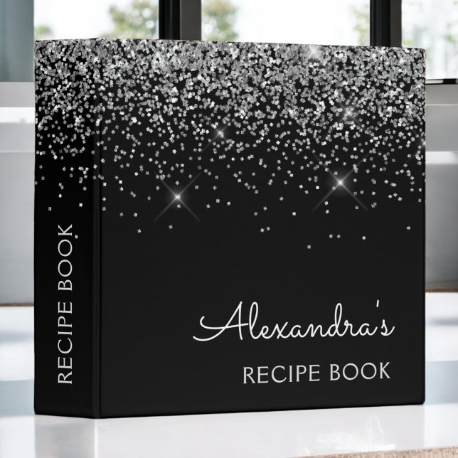 Cookbook Recipe Book Silver Black Glitter Monogram Binder (Creator Uploaded)