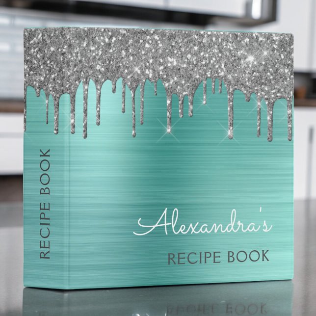 Cookbook Recipe Book Silver Teal Glitter Monogram Binder (Creator Uploaded)