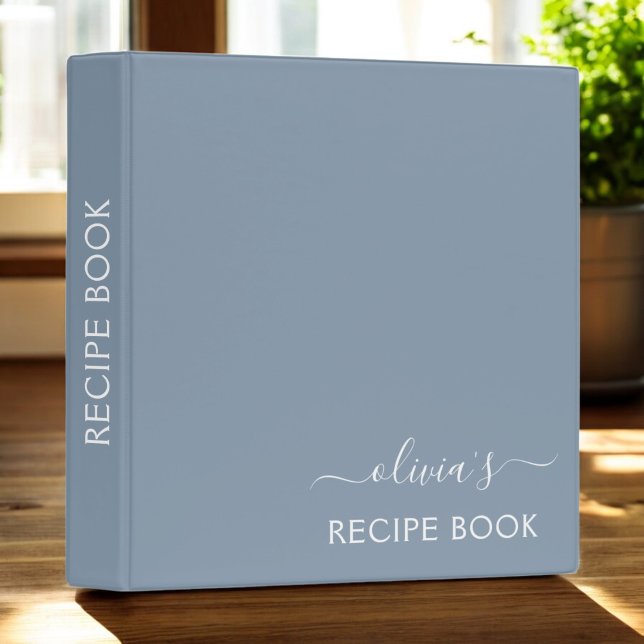 Cookbook Recipe Dusty Blue Script Monogram Binder (Creator Uploaded)
