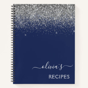 Cookbook Recipe Silver Navy Blue Glitter Monogram Notebook