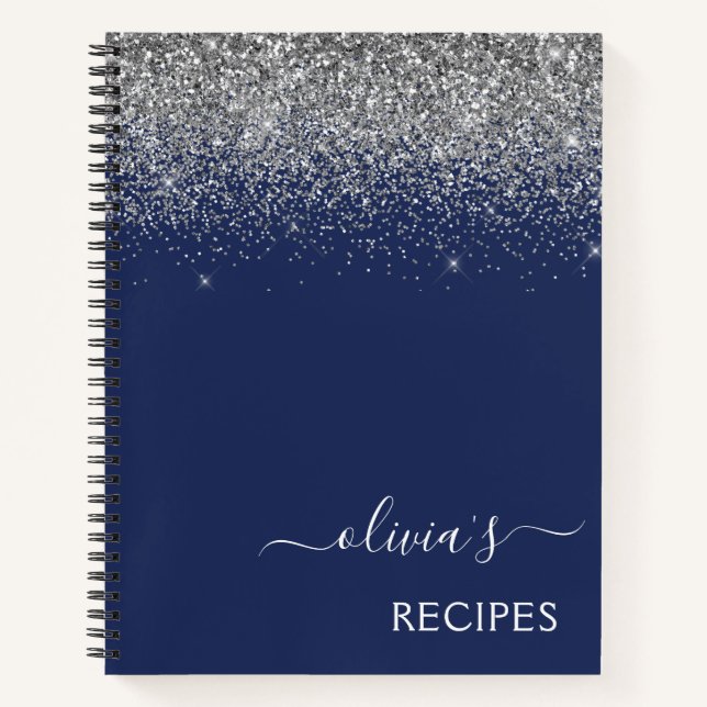 Cookbook Recipe Silver Navy Blue Glitter Monogram Notebook (Front)