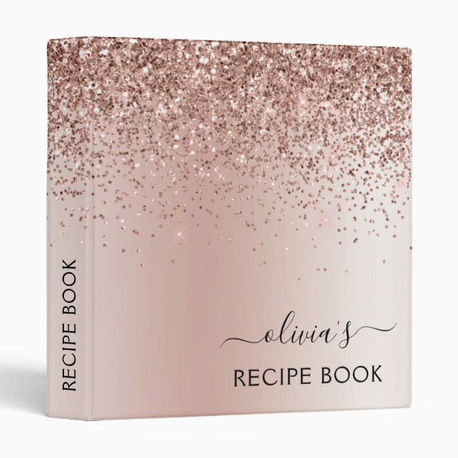 Cookbook Rose Gold - Blush Pink Glitter Monogram Binder (Front/Spine)