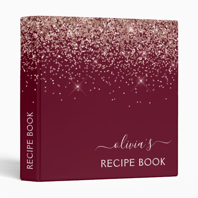 Cookbook Rose Gold Blush Pink Glitter Monogram Binder (Front/Spine)