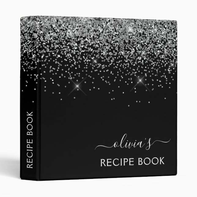 Cookbook Silver Black Glitter Monogram Recipe Book Binder (Front/Spine)