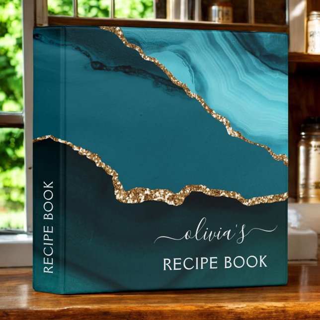 Cookbook Teal Aqua Blue Green Agate Geode Gold Binder (Creator Uploaded)