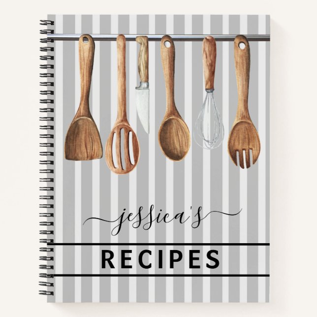 Cookbook Watercolor Recipes Utensils Modern Blue N Notebook (Front)