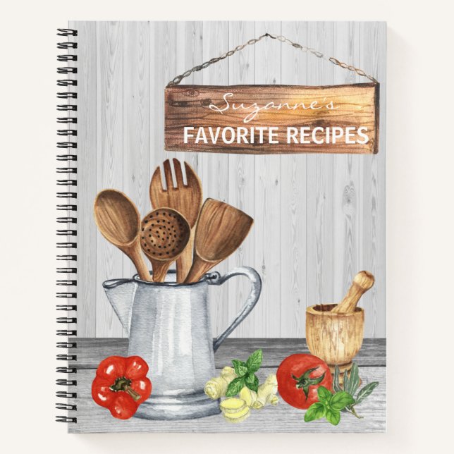 Cookbook Watercolor Recipes Utensils Spoon Wood Notebook (Front)