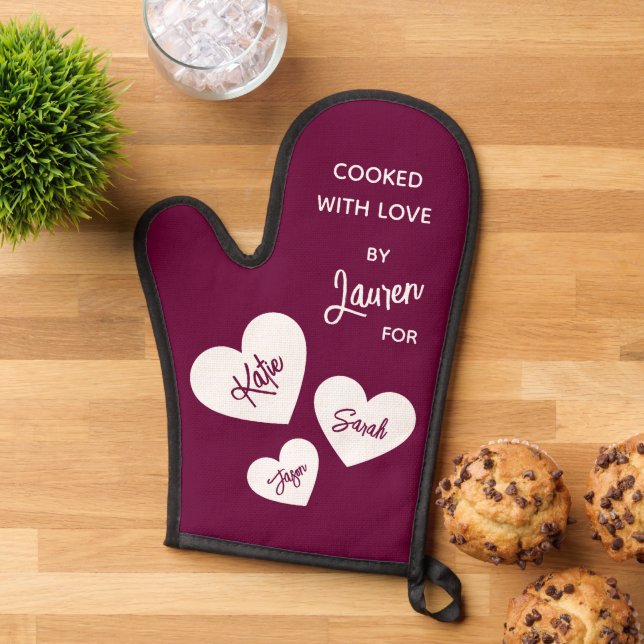 Cooked With Love Burgundy Personalized Oven Mitt (Top down)