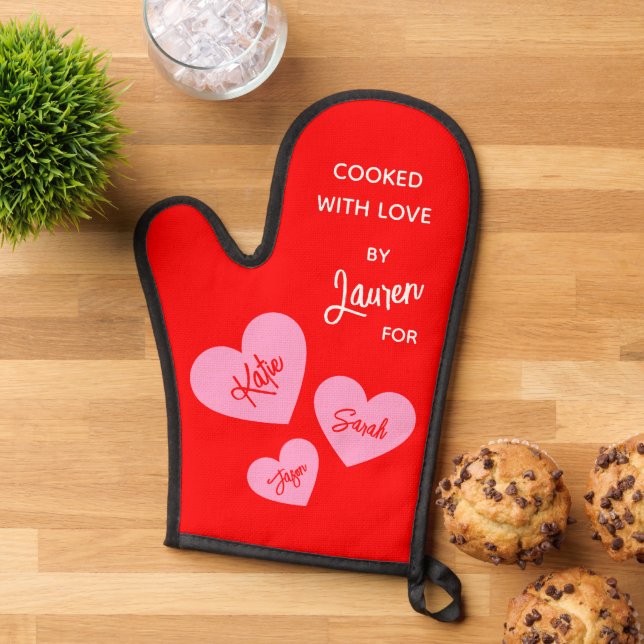 Cooked With Love Personalized Red Oven Mitt (Top down)