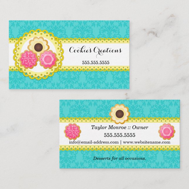 Cookie Bakery Damask Scalloped Border Business Card (Front/Back)