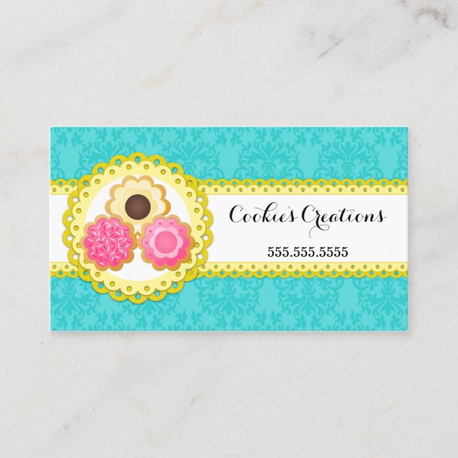 Cookie Bakery Damask Scalloped Border Business Card (Front)