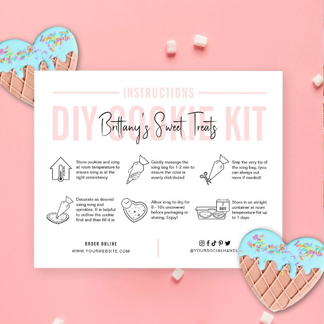 Cookie Decorating Kit Instructions Blush Pink Logo Thank You Card (Feminine cookie decorating instructions cards with icons, blush pink colors and space for your logo)