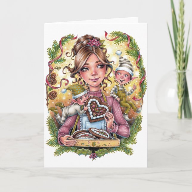Cookie Elves Folded Greeting Card Gingerbread (Front)