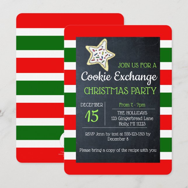 Cookie Exchange Chalkboard Red and Green Stripe Invitation (Front/Back)