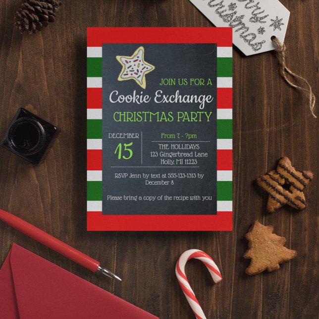 Cookie Exchange Chalkboard Red and Green Stripe lg Invitation (Creator Uploaded)
